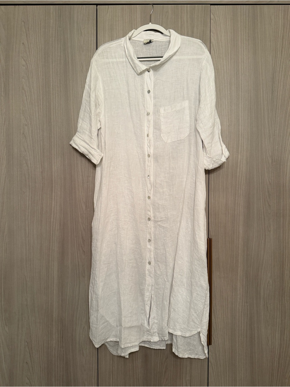 White Linen Button-Front Maxi Shirt Dress
